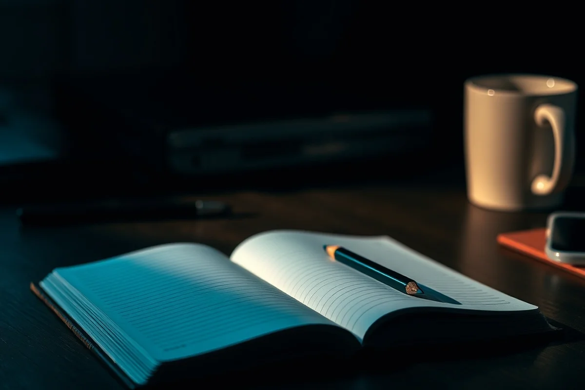 un quaderno a righe aperto su una scrivania in legno scuro con una riga sottolineata a matita, in primo piano a fuoco, una tazza sfocata sullo sfondo, luce calda laterale