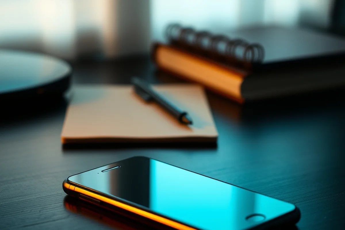 uno smartphone chiuso con lo schermo spento appoggiato su una scrivania in legno scuro, in primo piano a fuoco, un quaderno sfocato sullo sfondo, luce calda laterale