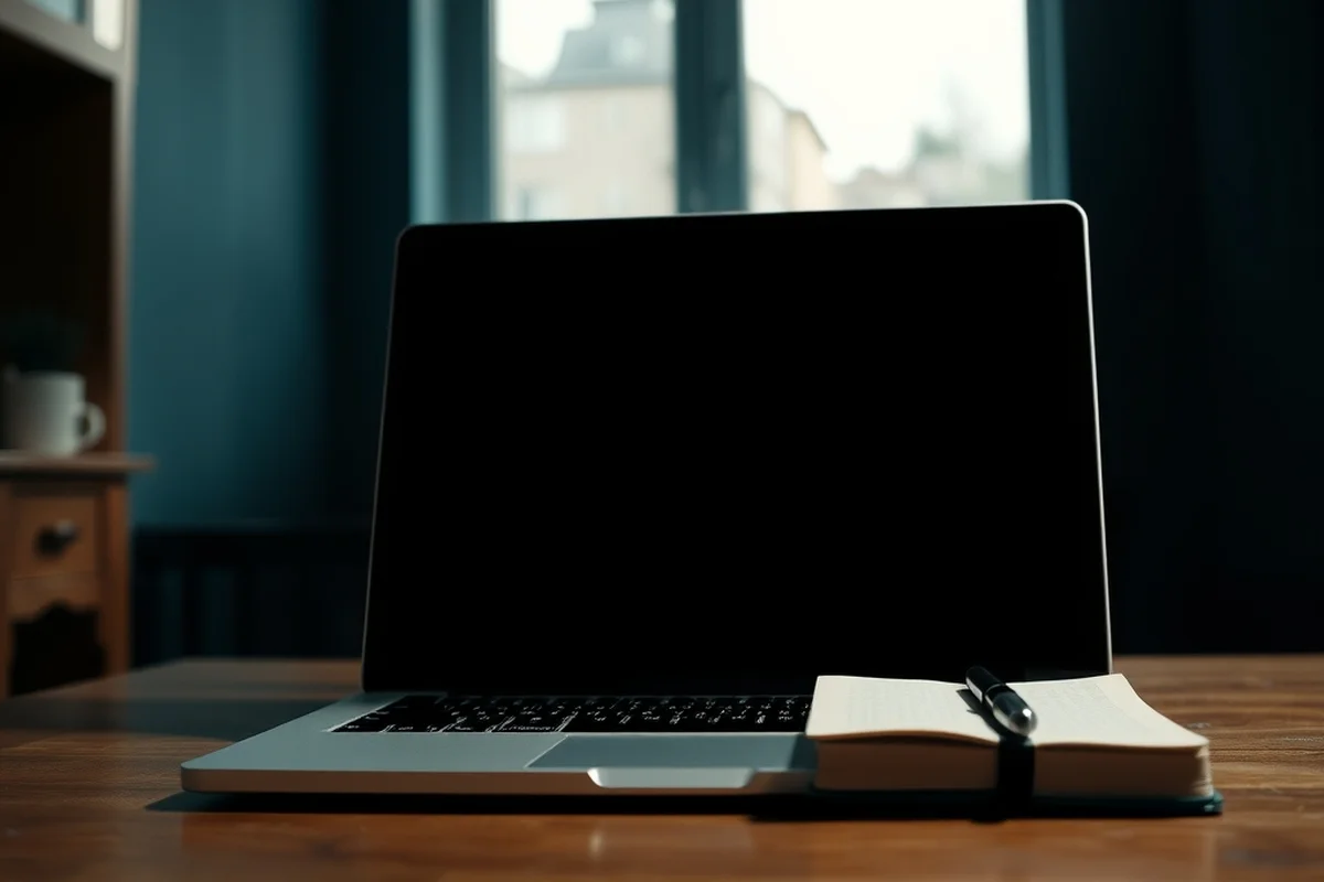 laptop aperto con schermo spento su una scrivania in legno, un quaderno con una penna appoggiato di lato, finestra sullo sfondo con luce di fine pomeriggio