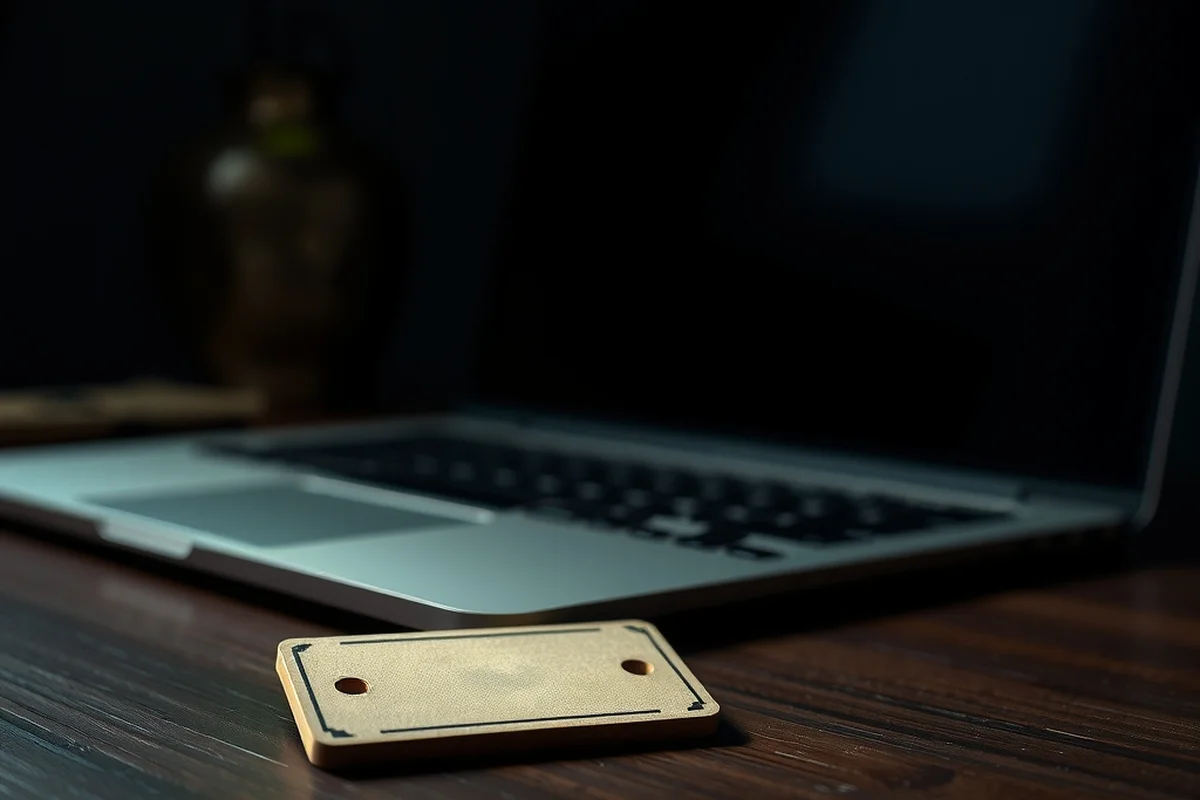 una piccola scheda perforata vintage appoggiata su una scrivania in legno scuro, in primo piano a fuoco, un laptop con schermo spento sfocato sullo sfondo, luce calda laterale