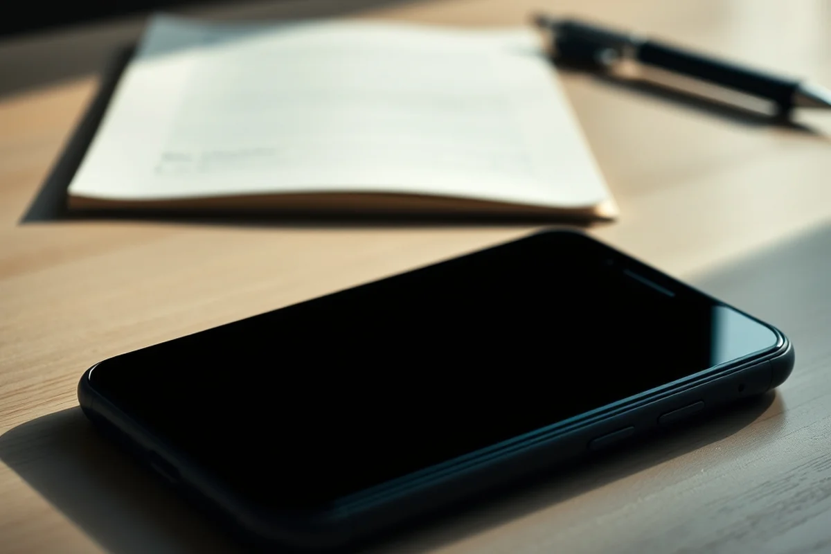 smartphone con schermo spento appoggiato su una scrivania in legno chiaro, in primo piano a fuoco, un quaderno aperto e una penna sfocati sullo sfondo, luce naturale morbida