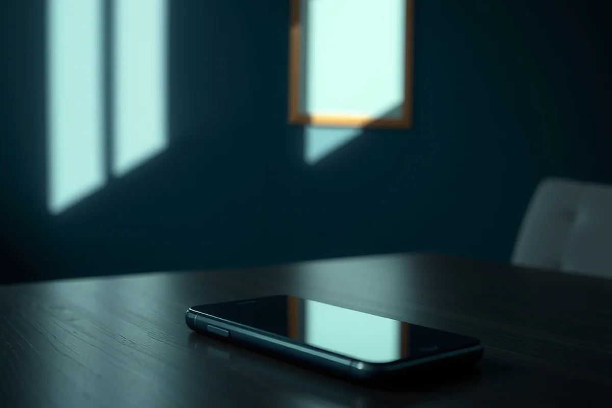uno smartphone con lo schermo scuro appoggiato in verticale su un supporto da tavolo, in primo piano a fuoco, sfondo sfocato, luce calda laterale