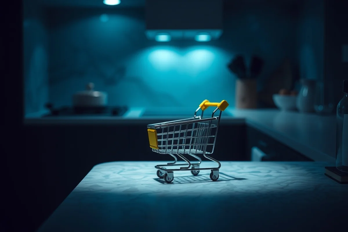 un piccolo carrello della spesa in miniatura di metallo, appoggiato su un bancone di cucina in marmo chiaro, in primo piano a fuoco
