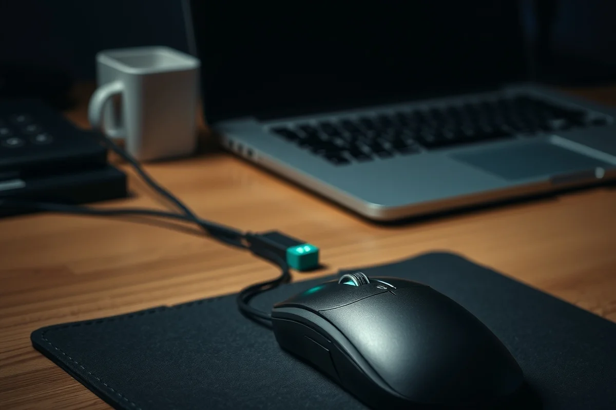 un mouse wireless appoggiato su un tappetino da scrivania scuro, in primo piano a fuoco, un laptop con schermo spento sfocato sullo sfondo