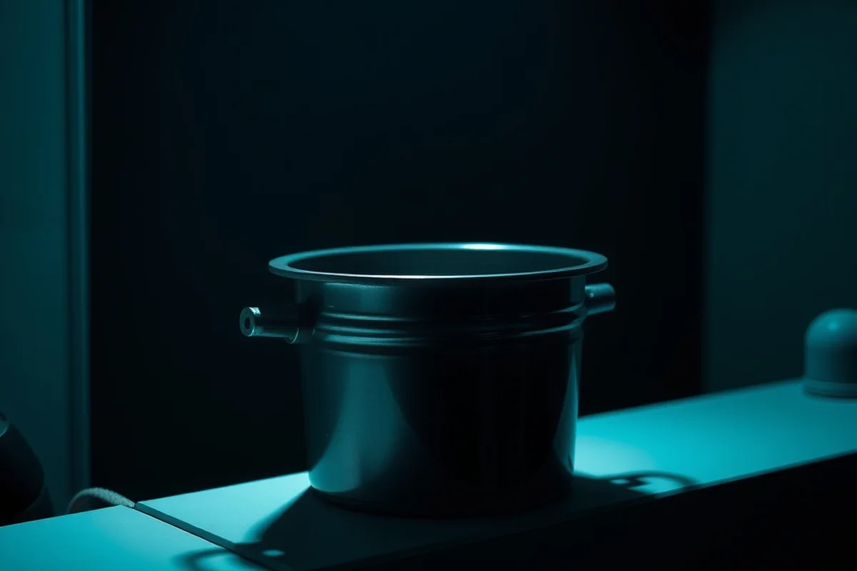 un contenitore cilindrico in metallo scuro con due piccole maniglie laterali, illuminato da una luce blu-verde innaturale