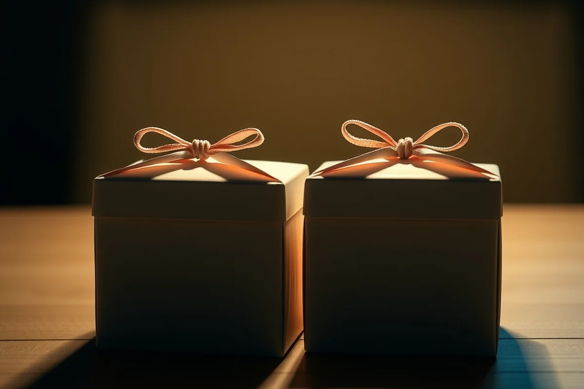 due piccole scatole regalo bianche chiuse con fiocco, senza scritte, appoggiate una accanto all'altra su un tavolo in legno chiaro