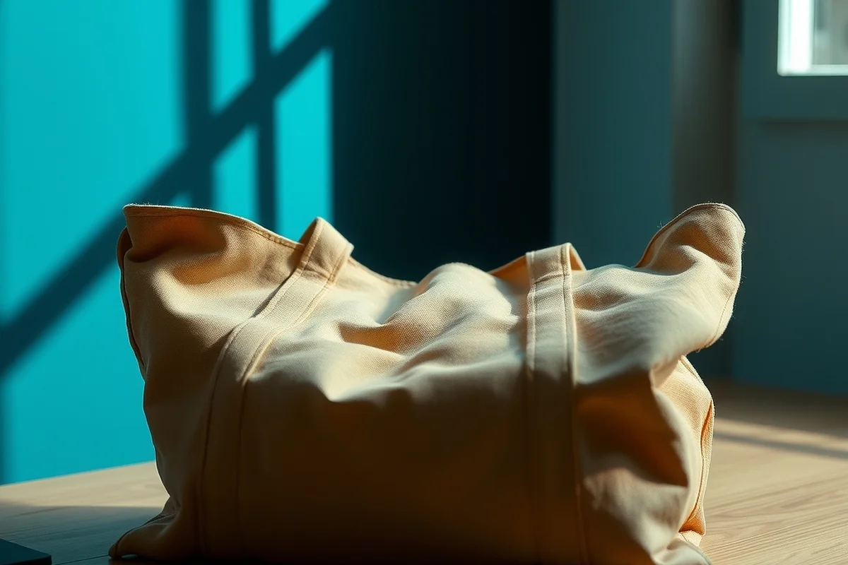 una borsa di tela ripiegata color sabbia, senza scritte né loghi, appoggiata su una scrivania in legno chiaro
