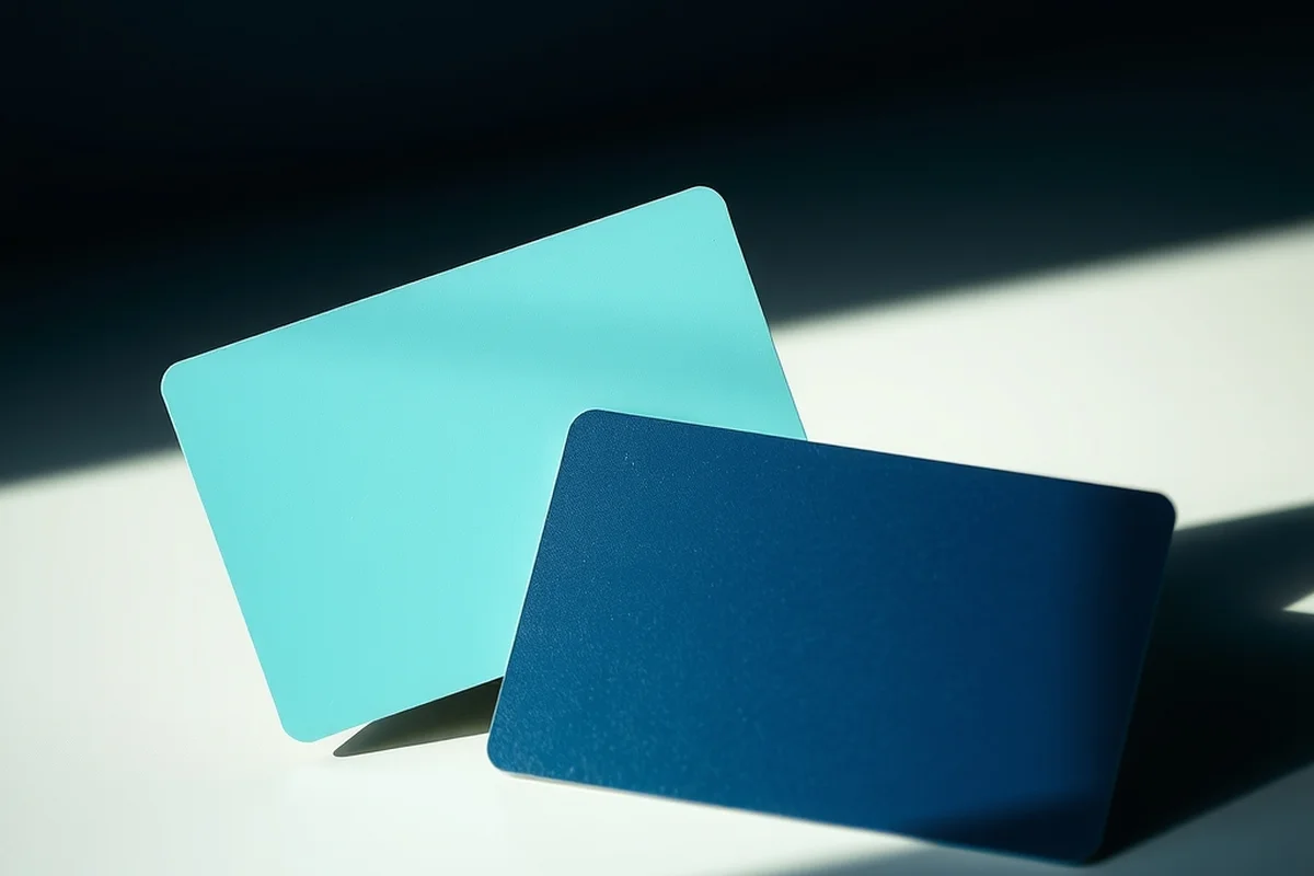 due carte prepagate lisce, una color teal e una color navy, appoggiate una contro l'altra su una scrivania chiara