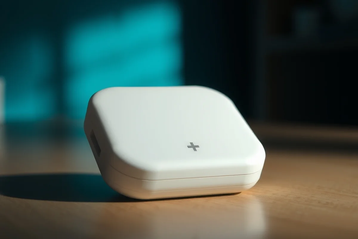 un piccolo dispositivo bianco liscio dalla forma quadrata arrotondata, con un piccolo simbolo a croce sulla superficie, appoggiato su un tavolo in legno chiaro