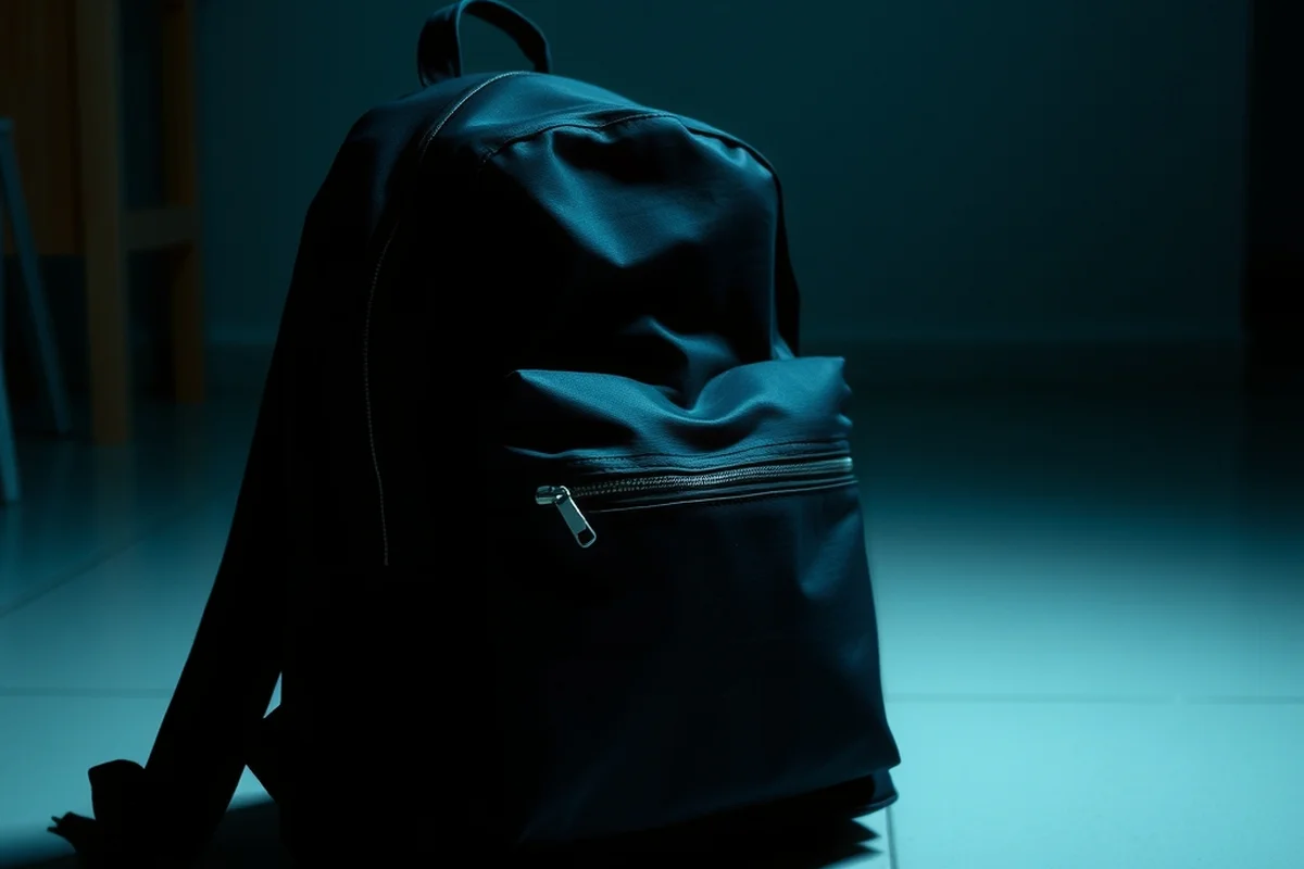uno zaino da scuola in tessuto blu scuro, chiuso, senza loghi o scritte, appoggiato su un pavimento chiaro