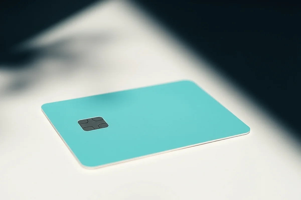 una carta liscia color turchese, completamente vuota senza numeri né loghi, appoggiata su una scrivania chiara