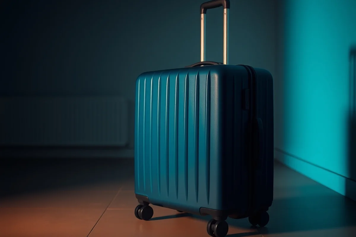 una valigia rigida da viaggio color blu notte, chiusa, in piedi su un pavimento chiaro, vista di profilo