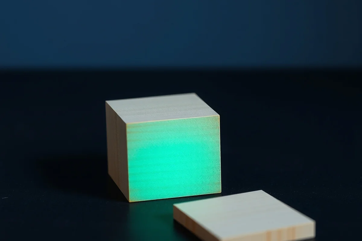 un cubo di legno chiaro accanto a una piastrella di legno su una superficie scura, con un riflesso di luce verde acqua, in primo piano a fuoco, sfondo scuro