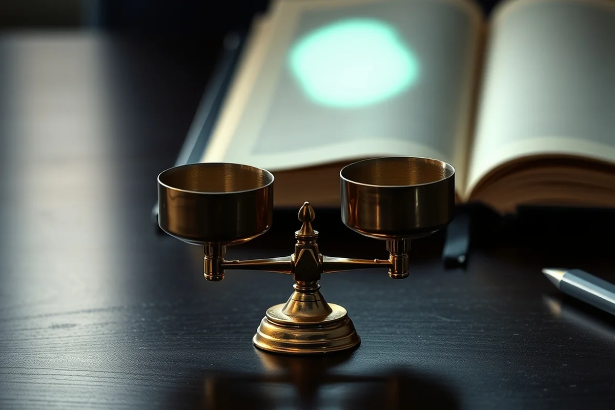 bilancia da tavolo in ottone con due piatti in equilibrio, in primo piano a fuoco su una scrivania in legno scuro, un quaderno aperto e una penna sfocati sullo sfondo