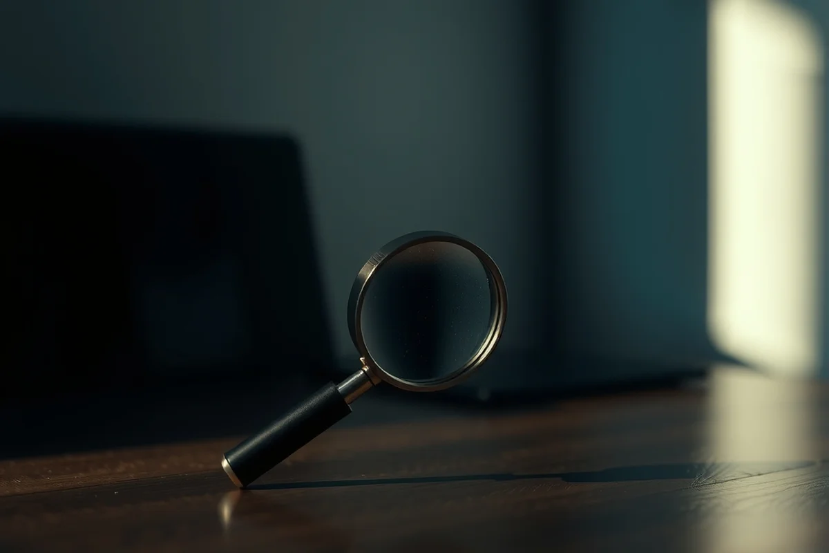 una piccola lente d'ingrandimento vintage appoggiata su una scrivania in legno scuro, in primo piano a fuoco, sfondo sfocato, luce calda laterale