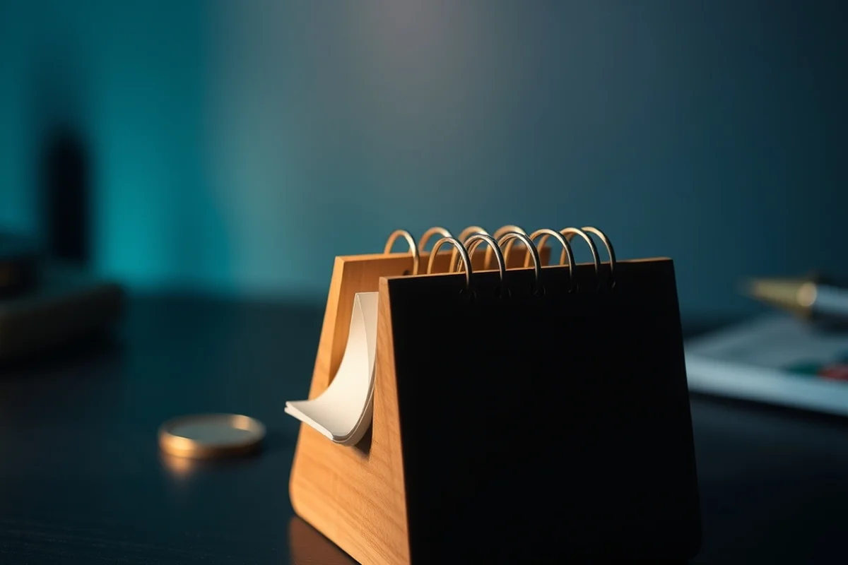 un piccolo calendario da tavolo in legno con le pagine a spirale, in primo piano a fuoco su una scrivania scura, una moneta sfocata sullo sfondo, luce calda laterale