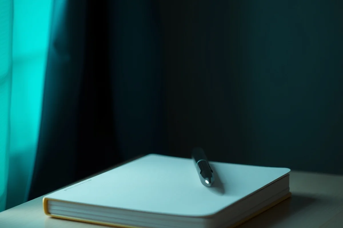 un quaderno chiuso con una penna appoggiata in diagonale sopra, su una scrivania in legno chiaro, in primo piano a fuoco