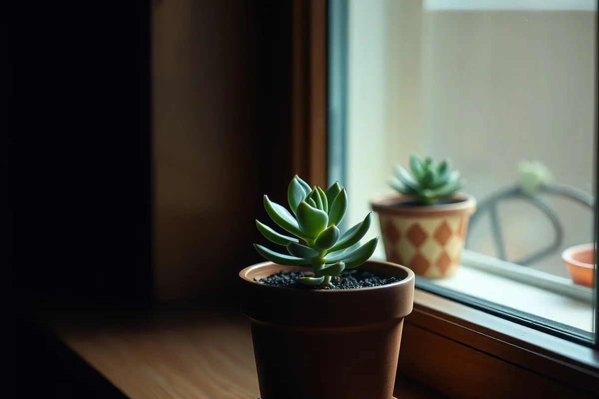 piccola pianta grassa in vaso di terracotta in primo piano a fuoco su un davanzale in legno, un secondo vaso più piccolo sfocato sullo sfondo vicino alla finestra, luce naturale morbida