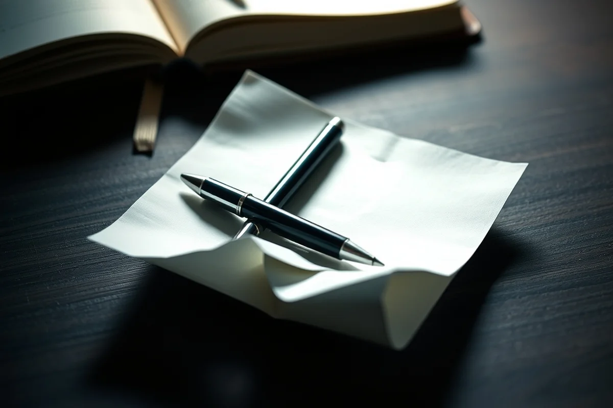 foglio di carta bianco stropicciato appoggiato su una scrivania scura, una penna posata sopra in diagonale, un quaderno aperto sfocato sullo sfondo, luce laterale morbida