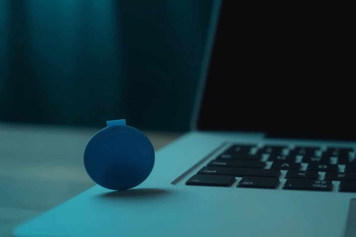 un piccolo adesivo circolare blu senza scritte, attaccato al bordo di un laptop chiuso con schermo spento, in primo piano a fuoco