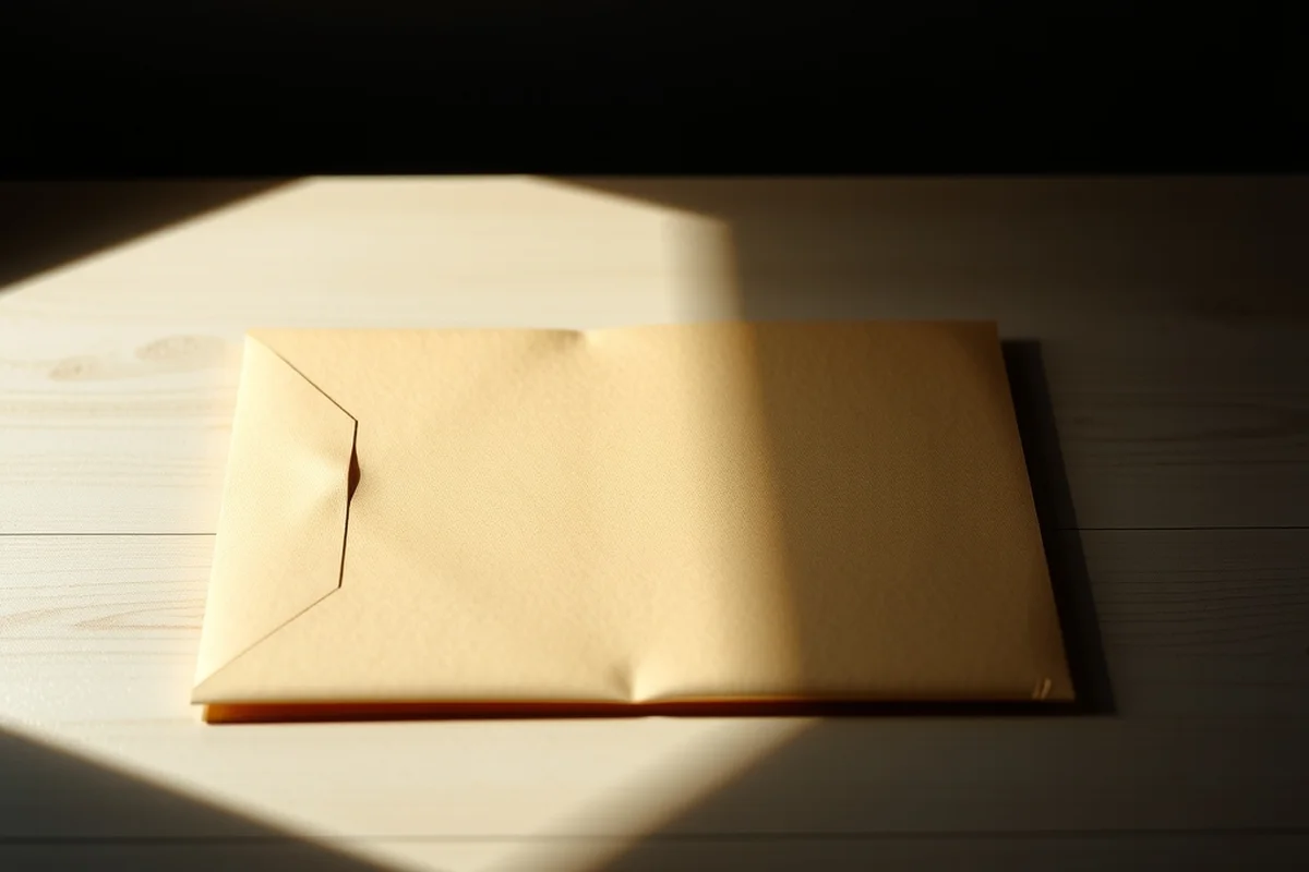 una busta di carta color avana chiusa, appoggiata su una scrivania in legno chiaro, in primo piano a fuoco, sfondo sfocato