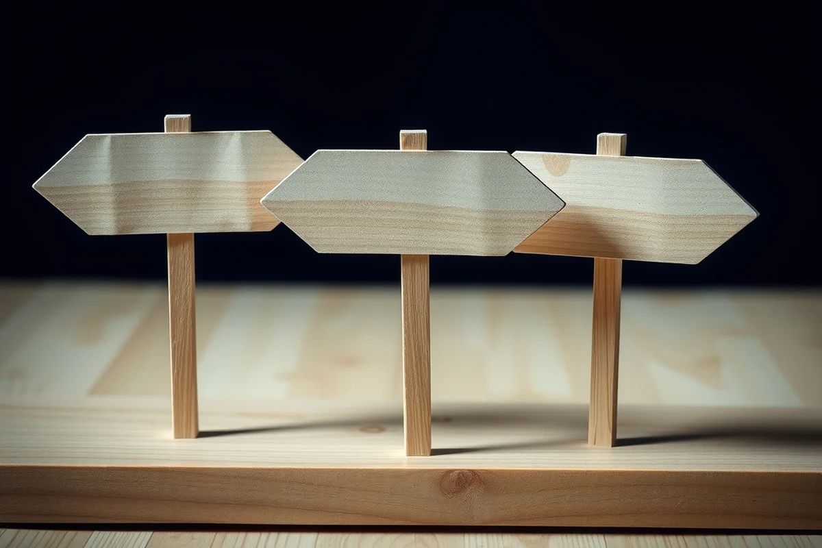 tre cartelli di legno a forma di freccia senza scritte, ciascuno su un piccolo palo, allineati su un tavolo di legno chiaro, in primo piano a fuoco, sfondo blu notte sfocato