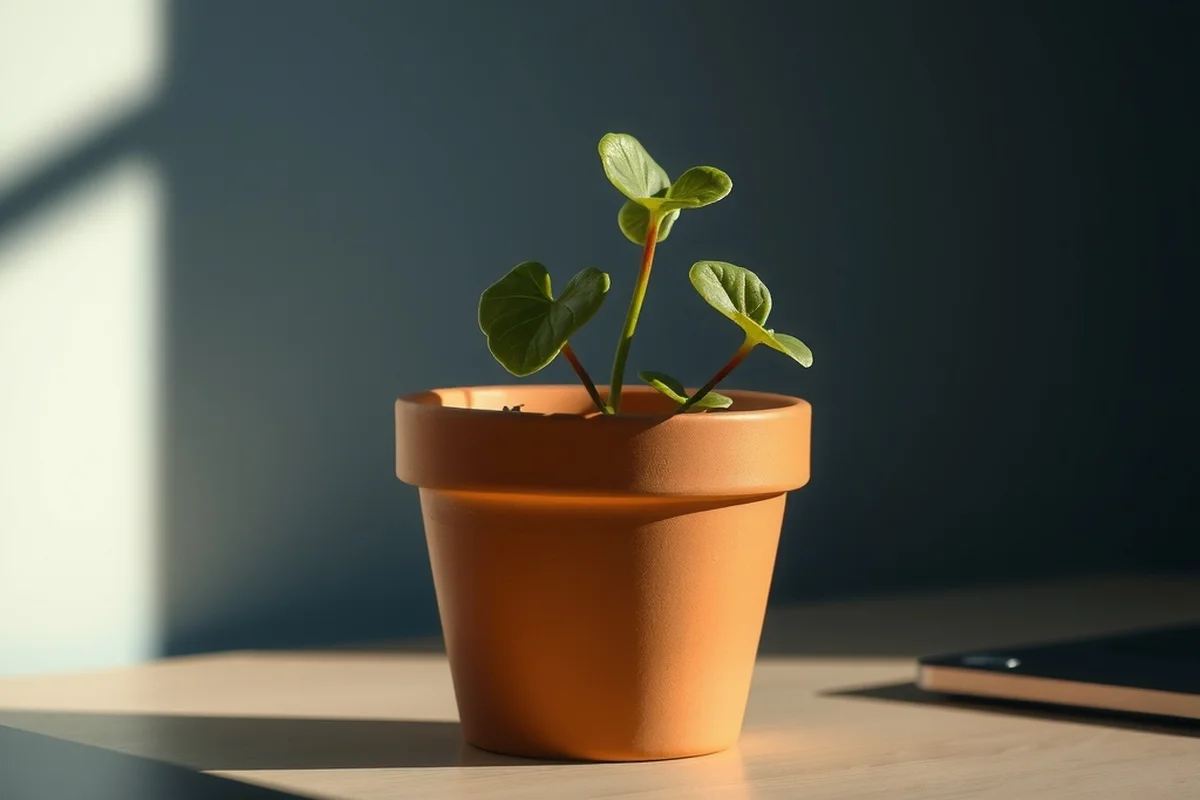 una piccola piantina verde in un vaso di terracotta appoggiata su una scrivania in legno chiaro, in primo piano a fuoco, luce del mattino