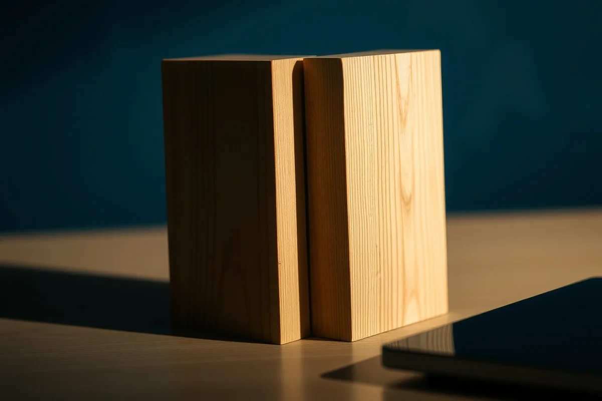 due blocchi di legno chiaro affiancati su una scrivania, luce laterale calda, in primo piano a fuoco, sfondo blu notte sfocato