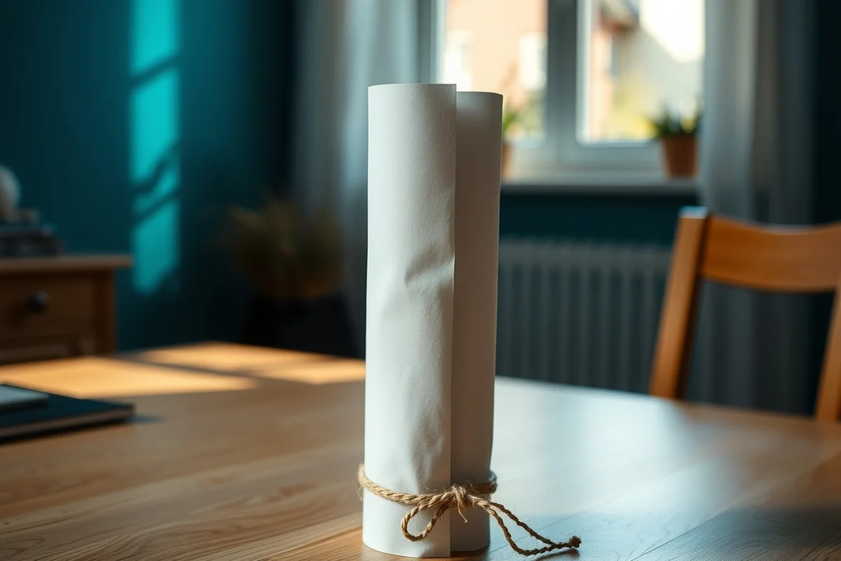 un rotolo di carta da poster bianca legato con spago naturale, in piedi su un tavolo di legno chiaro, in primo piano a fuoco, luce morbida da finestra, sfondo sfocato