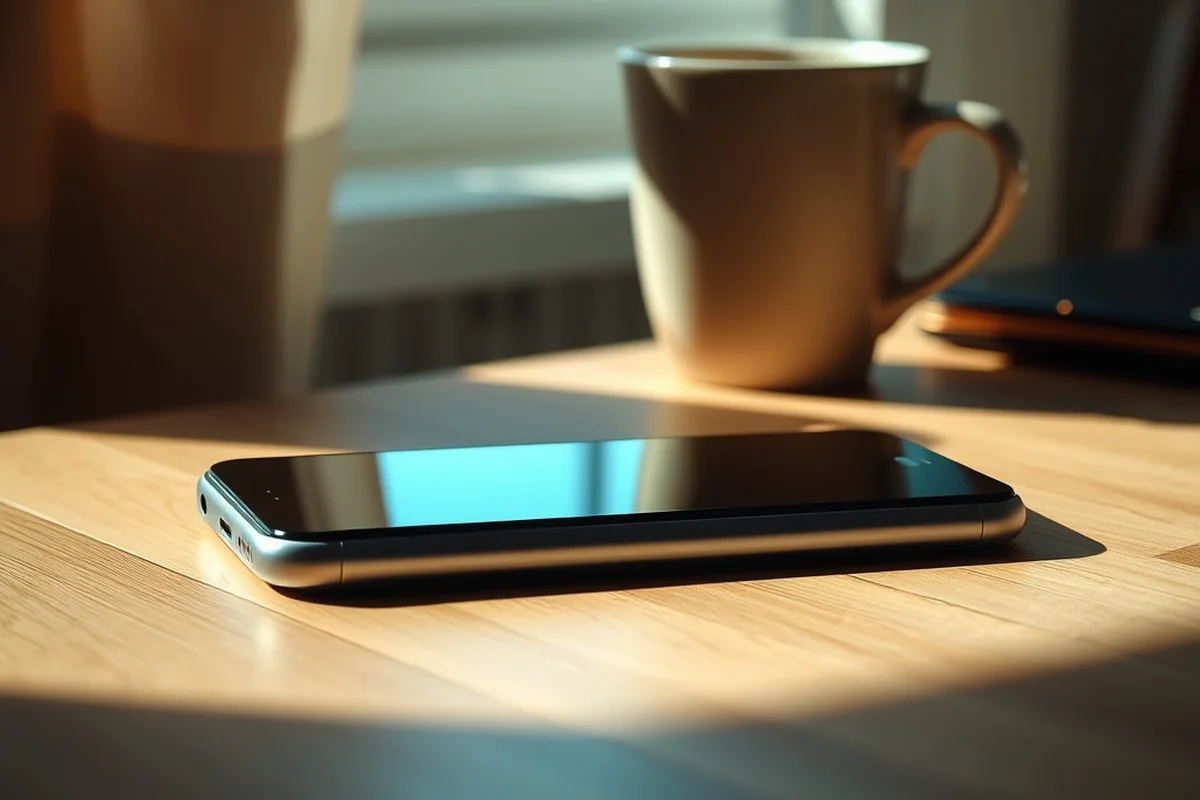 smartphone con schermo spento appoggiato su un tavolo di legno chiaro accanto a una tazza di caffè sfocata sullo sfondo, luce naturale morbida da una finestra