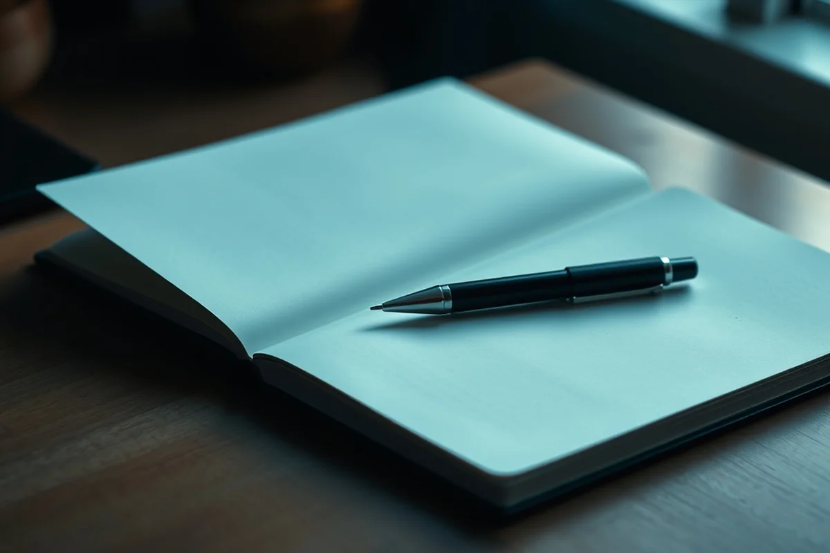 quaderno aperto su pagine bianche con una penna appoggiata di traverso, in primo piano a fuoco su una scrivania in legno, luce calda di prima mattina, sfondo morbidamente sfocato
