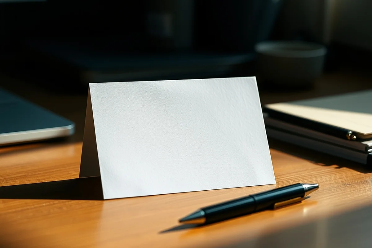 biglietto bianco vuoto piegato a libretto, in piedi su una scrivania in legno, in primo piano a fuoco, una penna nera posata accanto, luce calda laterale