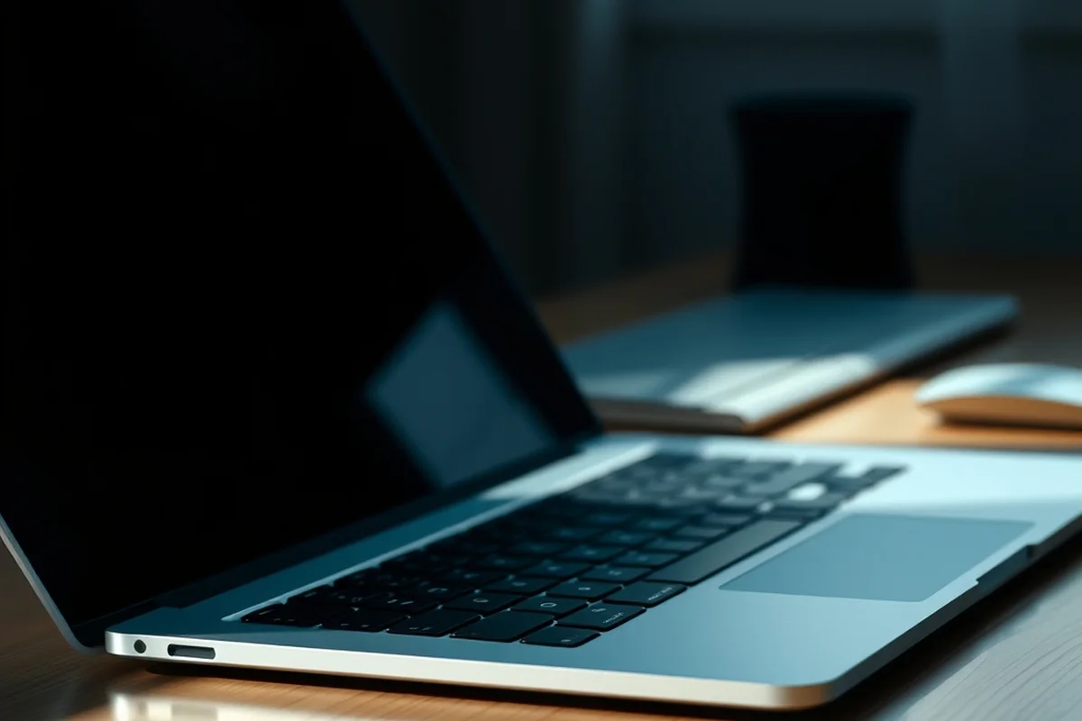 laptop aperto con schermo spento e tastiera in primo piano a fuoco su una scrivania in legno chiaro, un secondo laptop e un mouse sfocati sullo sfondo, luce naturale morbida laterale
