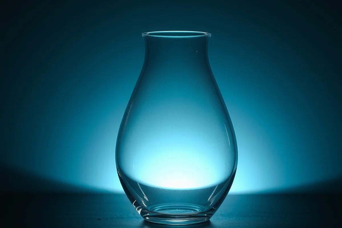un contenitore di vetro trasparente a forma di brocca, vuoto e senza etichetta, illuminato da una luce blu innaturale