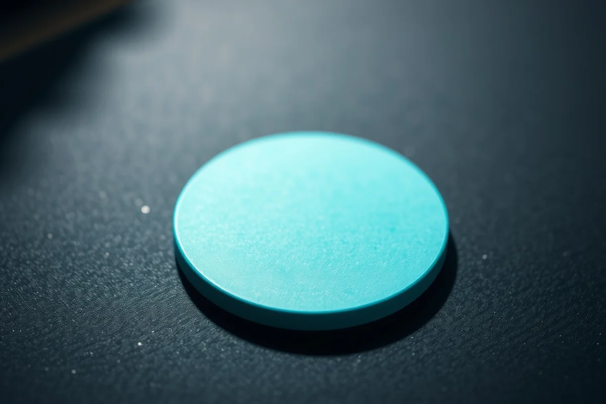 una ficha da gioco tonda color verde acqua, senza incisioni, appoggiata su un tappetino da scrivania scuro, in primo piano a fuoco
