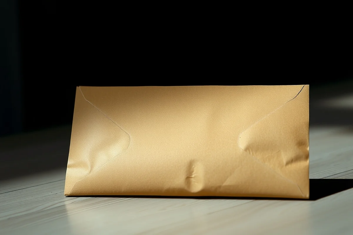 una busta di carta avana chiusa appoggiata su un tavolo di legno chiaro, con un riflesso di luce verde acqua sul bordo, in primo piano a fuoco, sfondo sfocato