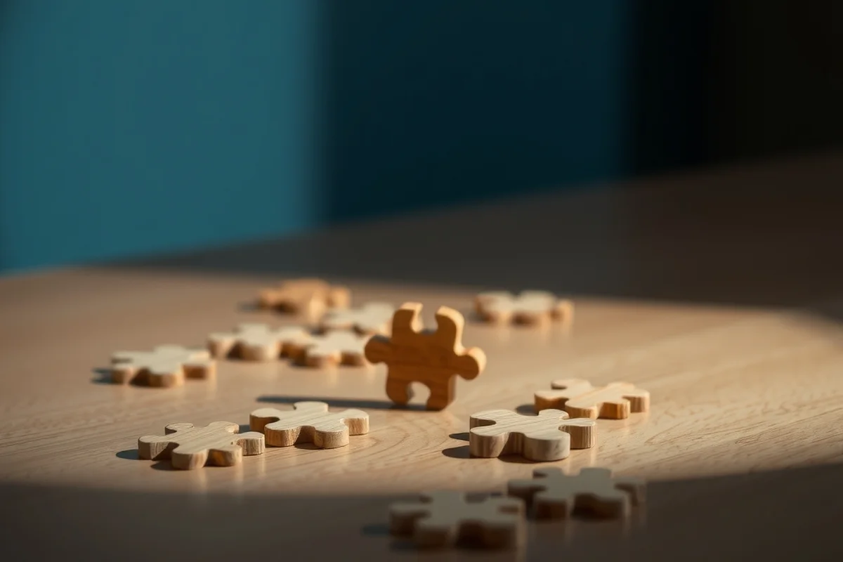 alcuni piccoli pezzi di puzzle in legno chiaro sparsi su una scrivania, uno leggermente separato dagli altri e a fuoco, sfondo sfocato