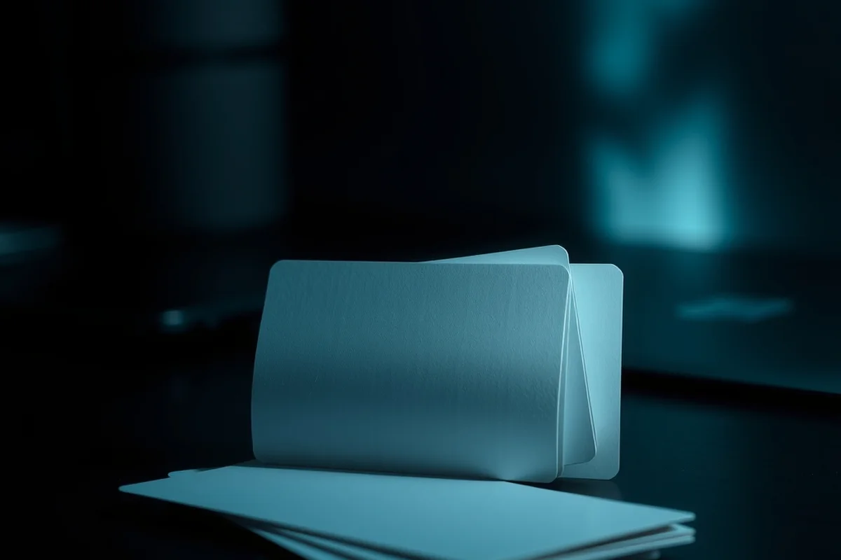 tre piccole carte di carta bianche disposte leggermente a ventaglio su una scrivania in legno scuro, in primo piano a fuoco