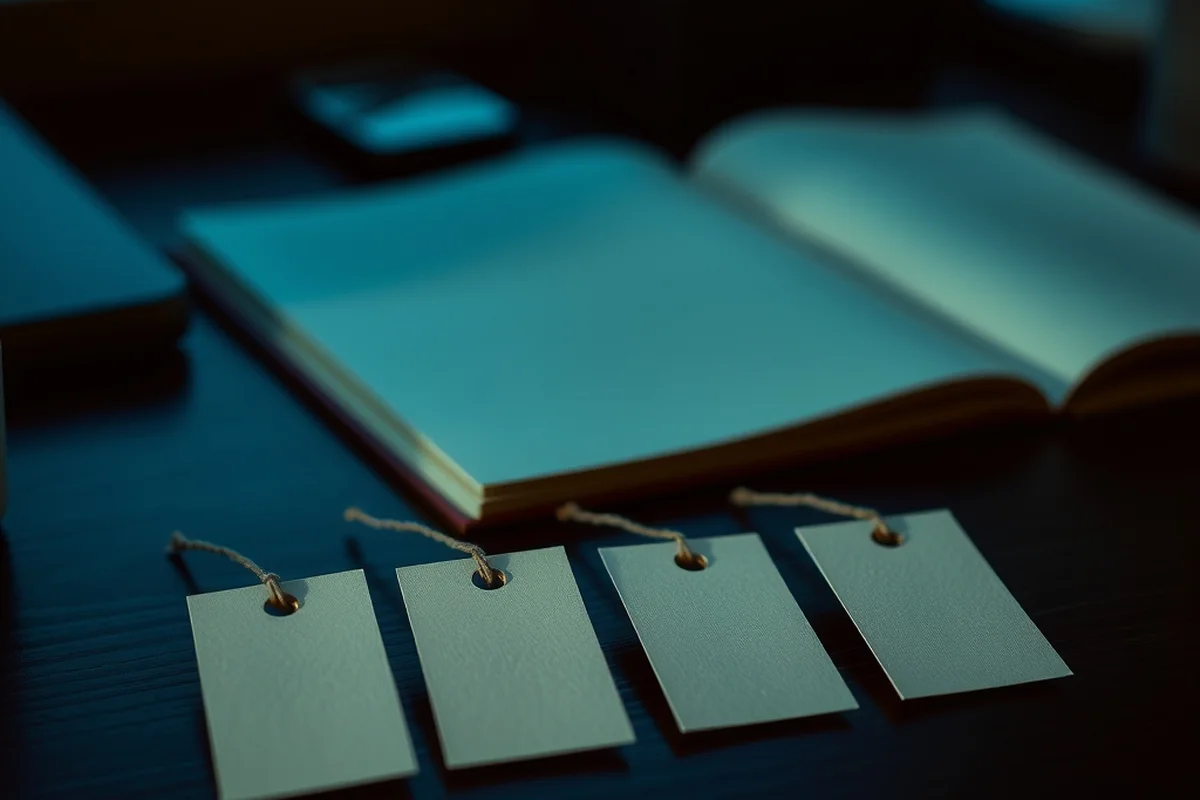 quattro piccole etichette di carta vuote appoggiate in fila su una scrivania in legno scuro, in primo piano a fuoco, un quaderno aperto sfocato sullo sfondo, luce laterale calda