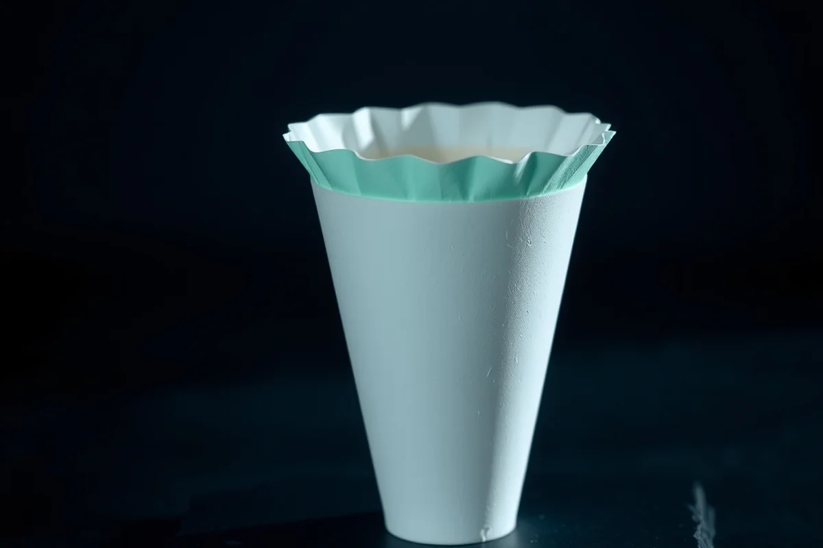 un filtro da caffè in carta bianca a forma di cono, in piedi su una superficie scura, bordo interno verde acqua, in primo piano a fuoco, sfondo scuro