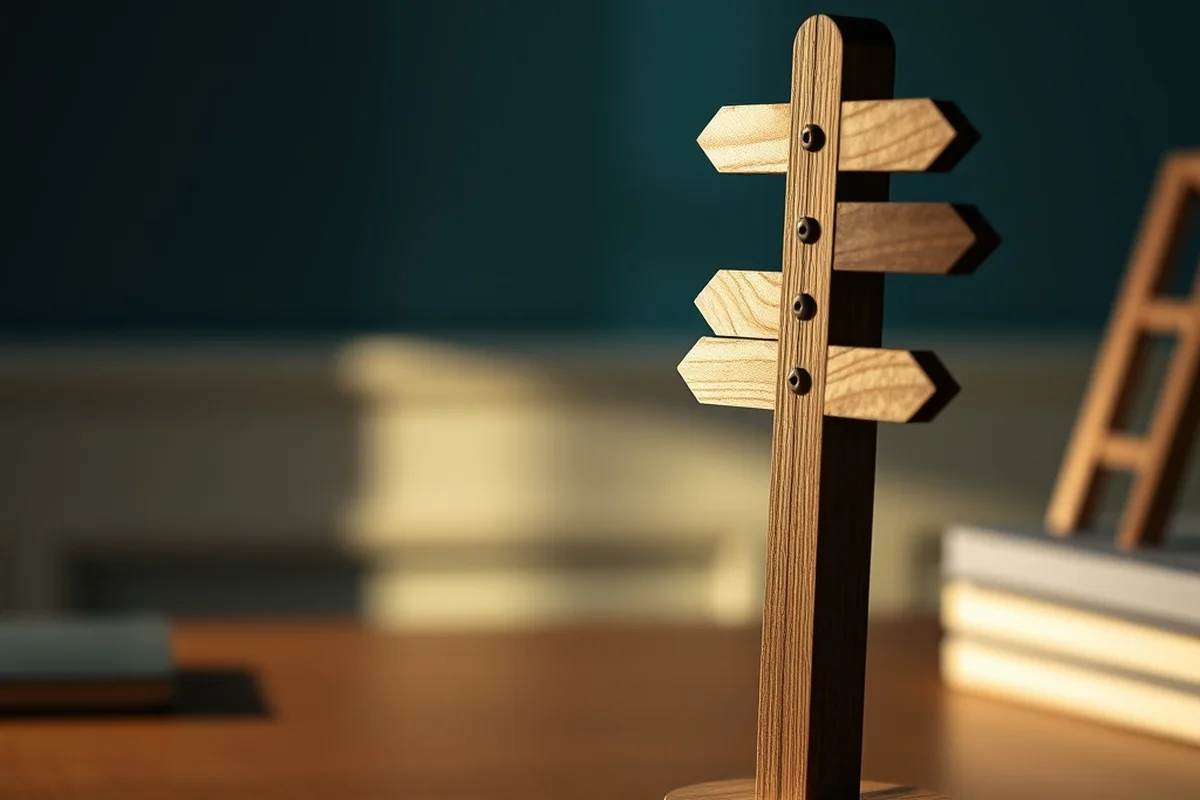 piccolo segnavia decorativo in legno con più bracci a freccia senza scritte, rivolti in direzioni diverse, in primo piano a fuoco su una scrivania, luce calda di fine pomeriggio, sfondo sfocato