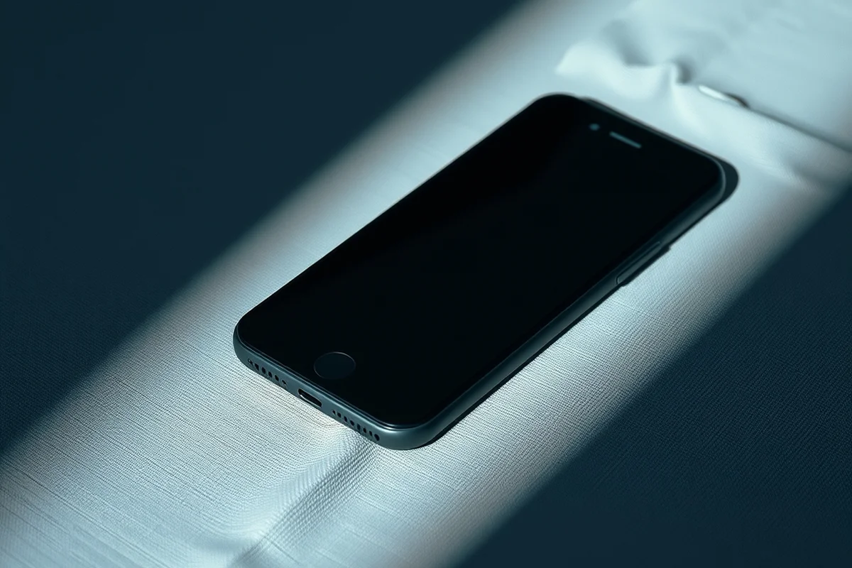 uno smartphone grigio scuro appoggiato a faccia in giù con lo schermo nascosto su una superficie di lino chiaro, un angolo illuminato da luce calda, in primo piano a fuoco