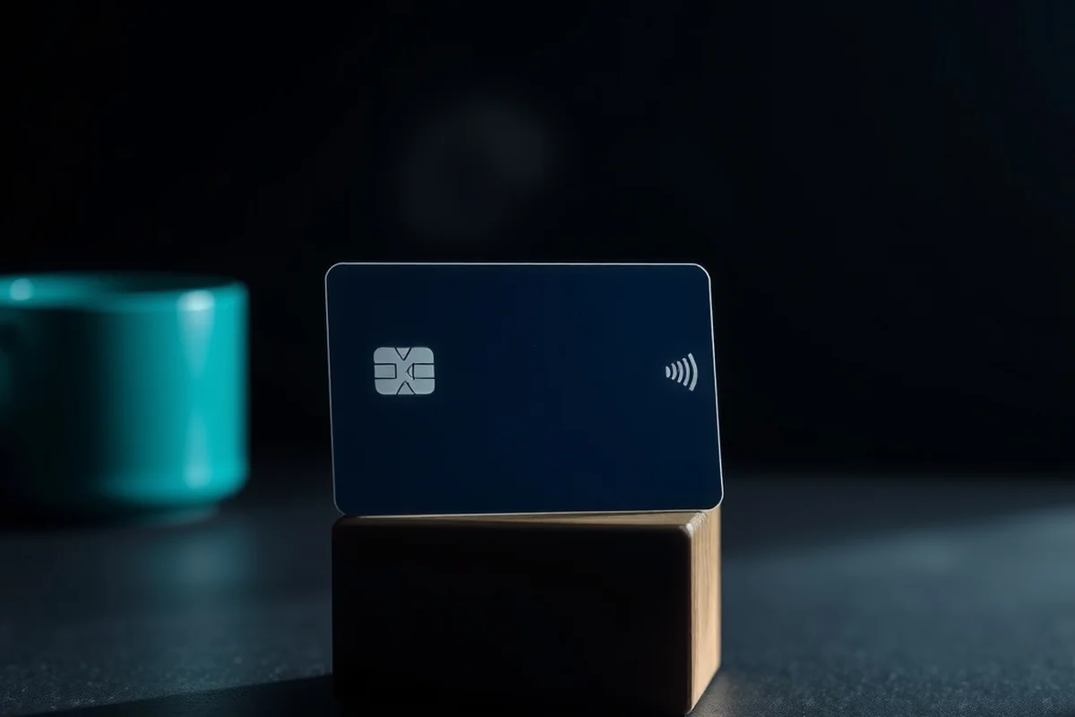 una carta blu navy opaca con chip e simbolo contactless, appoggiata su un blocco di legno chiaro