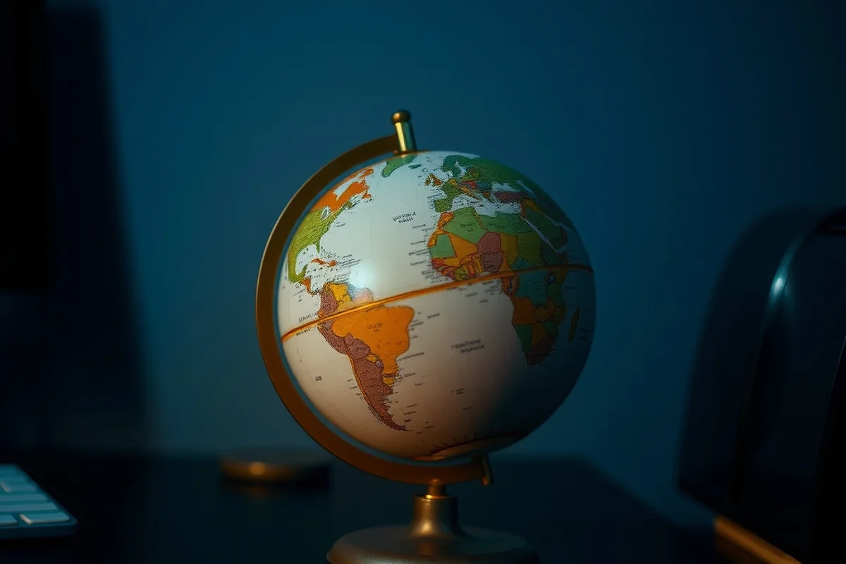 un piccolo mappamondo da scrivania in stile vintage, in primo piano a fuoco, sfondo scuro sfumato