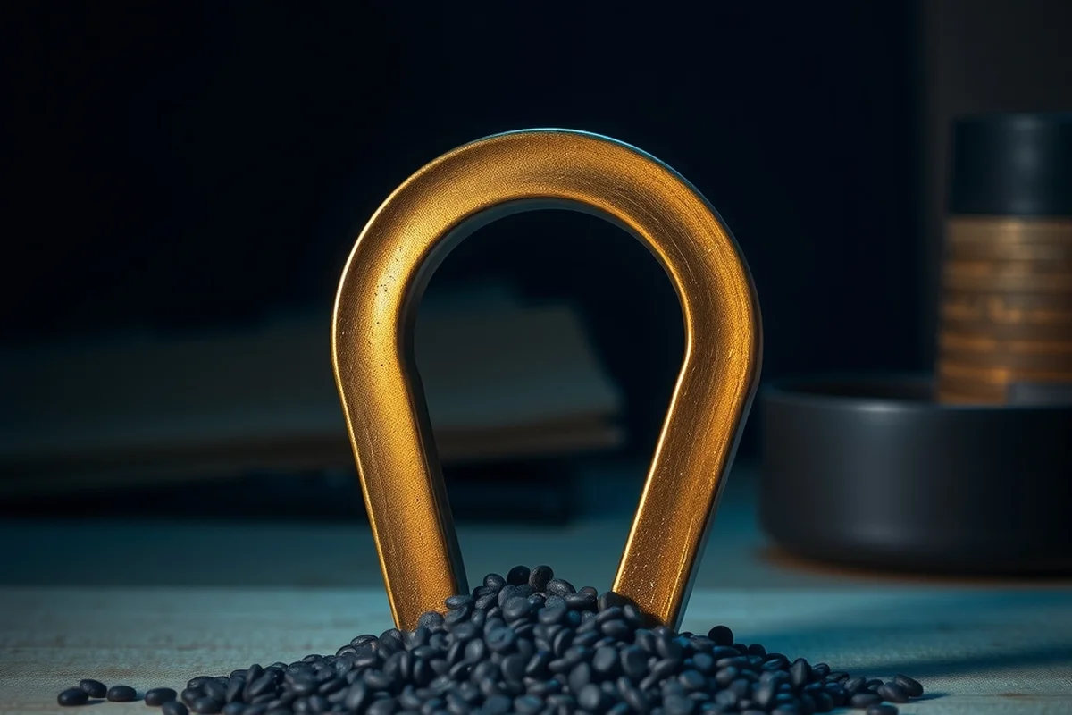 un magnete a ferro di cavallo in ottone su un banco da lavoro di legno chiaro, con piccoli granuli di metallo scuro raccolti ai due poli, in primo piano a fuoco, sfondo blu notte sfocato