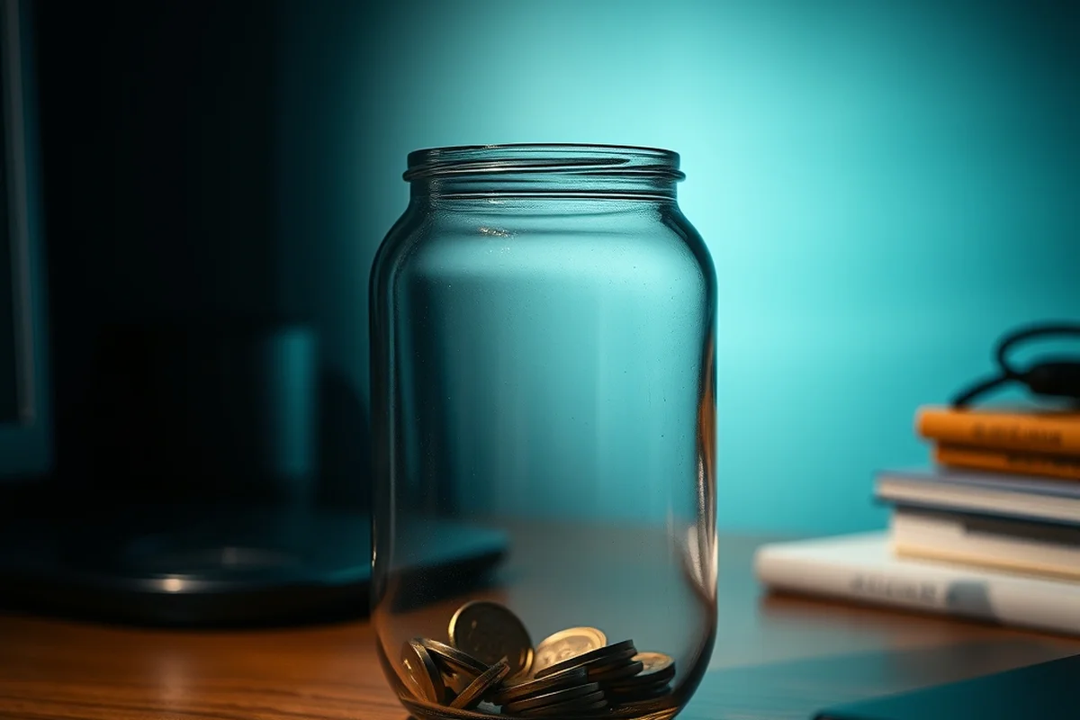 barattolo di vetro con poche monete sul fondo, appoggiato su una scrivania in legno, una pila di libri sfocata sullo sfondo, luce calda con riflesso verde acqua