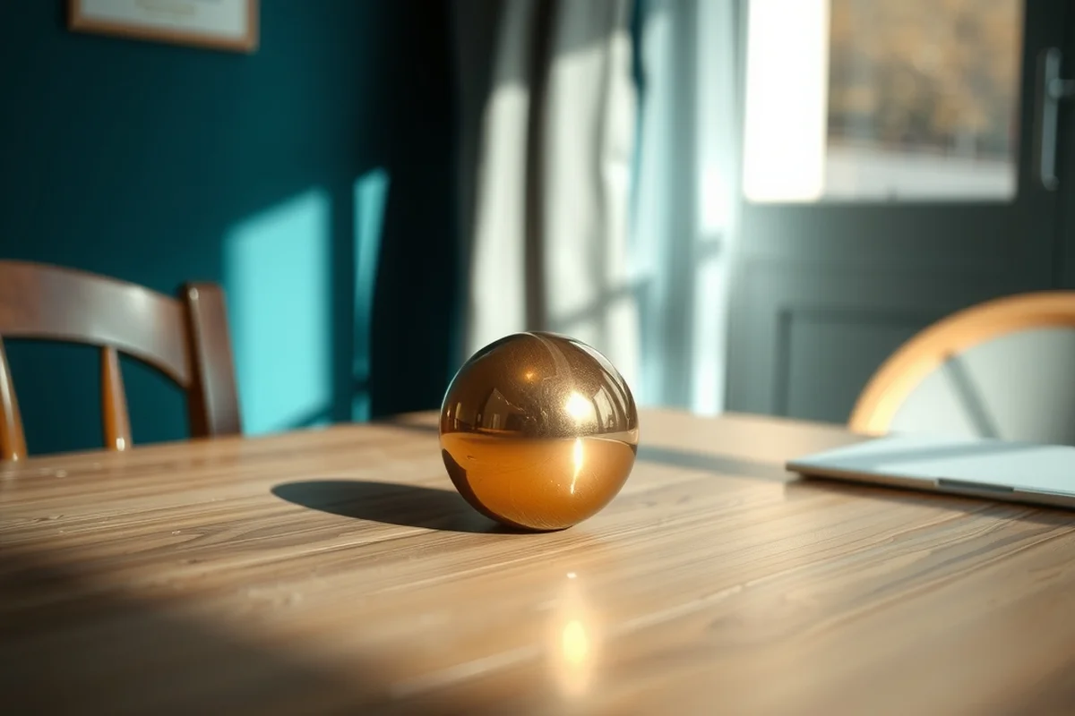 una sfera di ottone lucido appoggiata al centro di un tavolo di legno chiaro, in una stanza con parete verde acqua e luce da una finestra, in primo piano a fuoco, sfondo sfocato