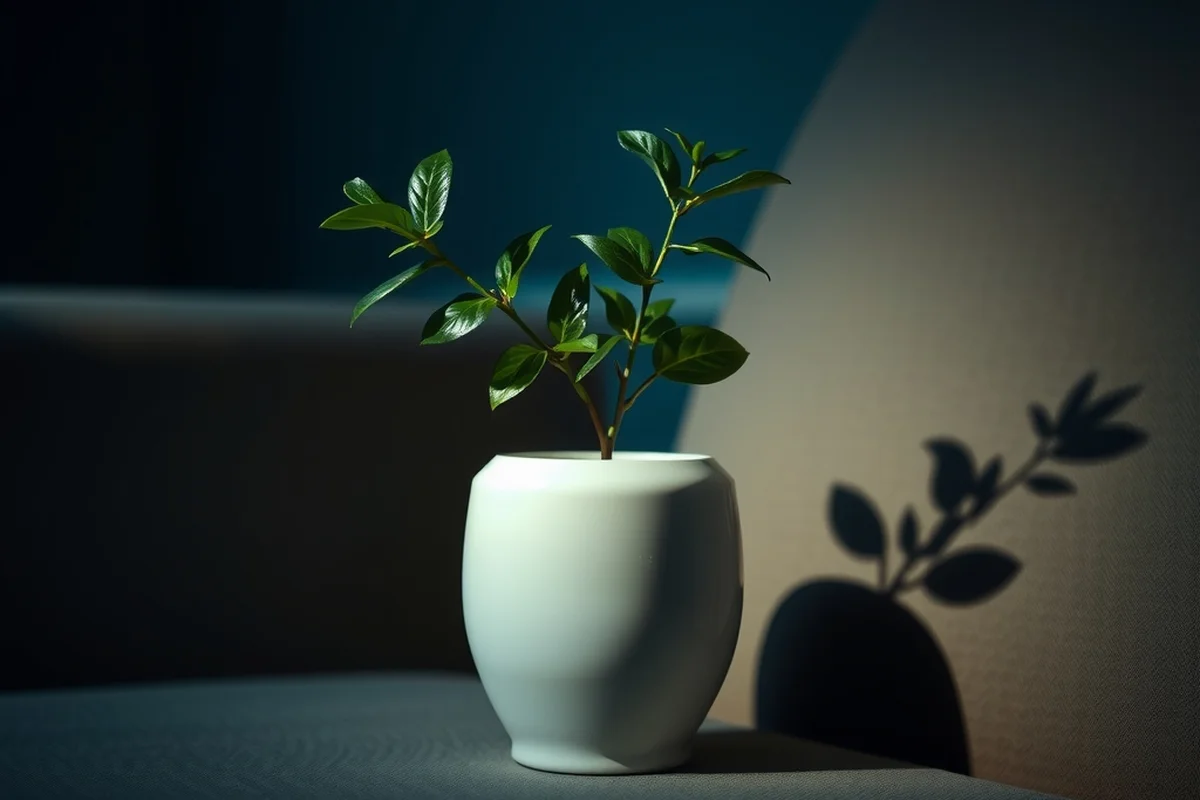 una piccola pianta in vaso di ceramica bianca, appoggiata su un davanzale, in primo piano a fuoco