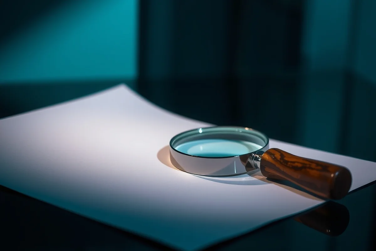 una lente d'ingrandimento con manico in legno appoggiata su un documento bianco senza scritte, in primo piano a fuoco, sfondo sfocato