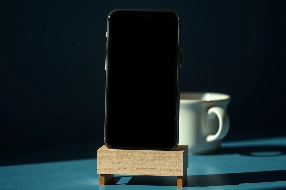 uno smartphone con schermo spento appoggiato in verticale su un piccolo supporto da tavolo in legno chiaro, in primo piano a fuoco